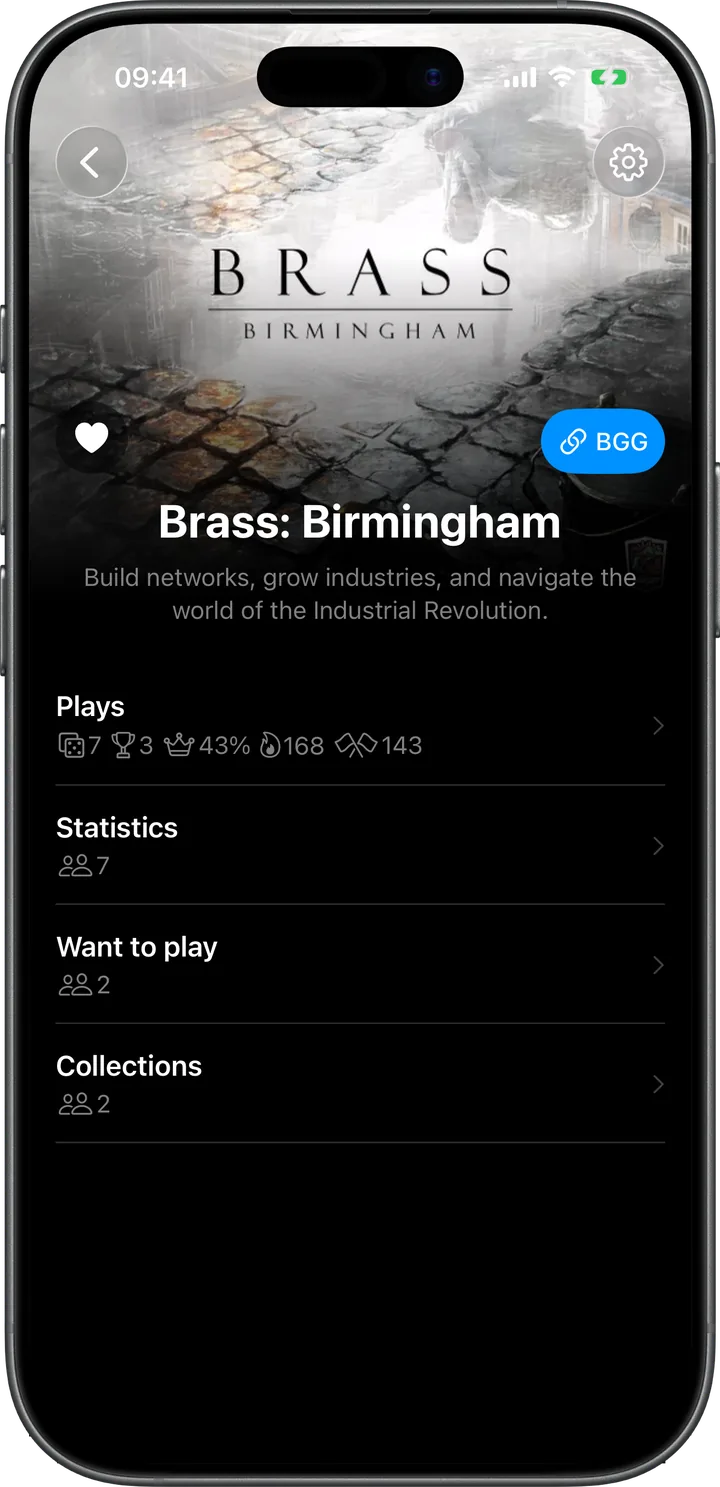 A game page with plays, statistics, wishlists and collections